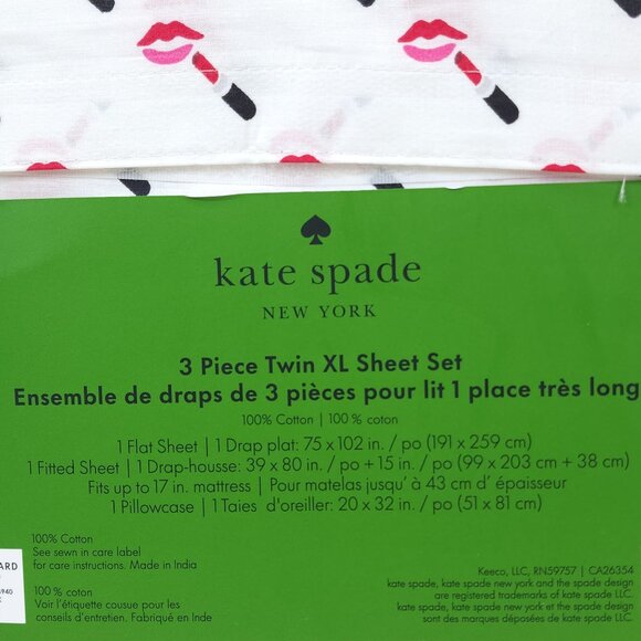 Kate Spade New York Twin XL 3-Piece Sheet Set Lipstick Kiss Print Black Red Pint - Picture 4 of 9